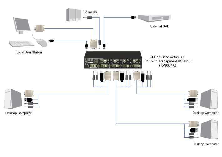 USB DVI KVM Switch, DT-Serie, 2-/4-Port Applikationsdiagramm